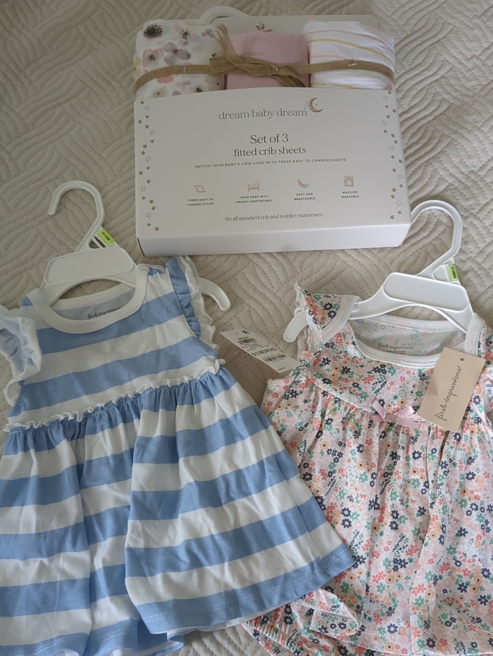 NWT Baby Girl Bundle Of 2 Dresses And 3 Fitted Crib Sheets
